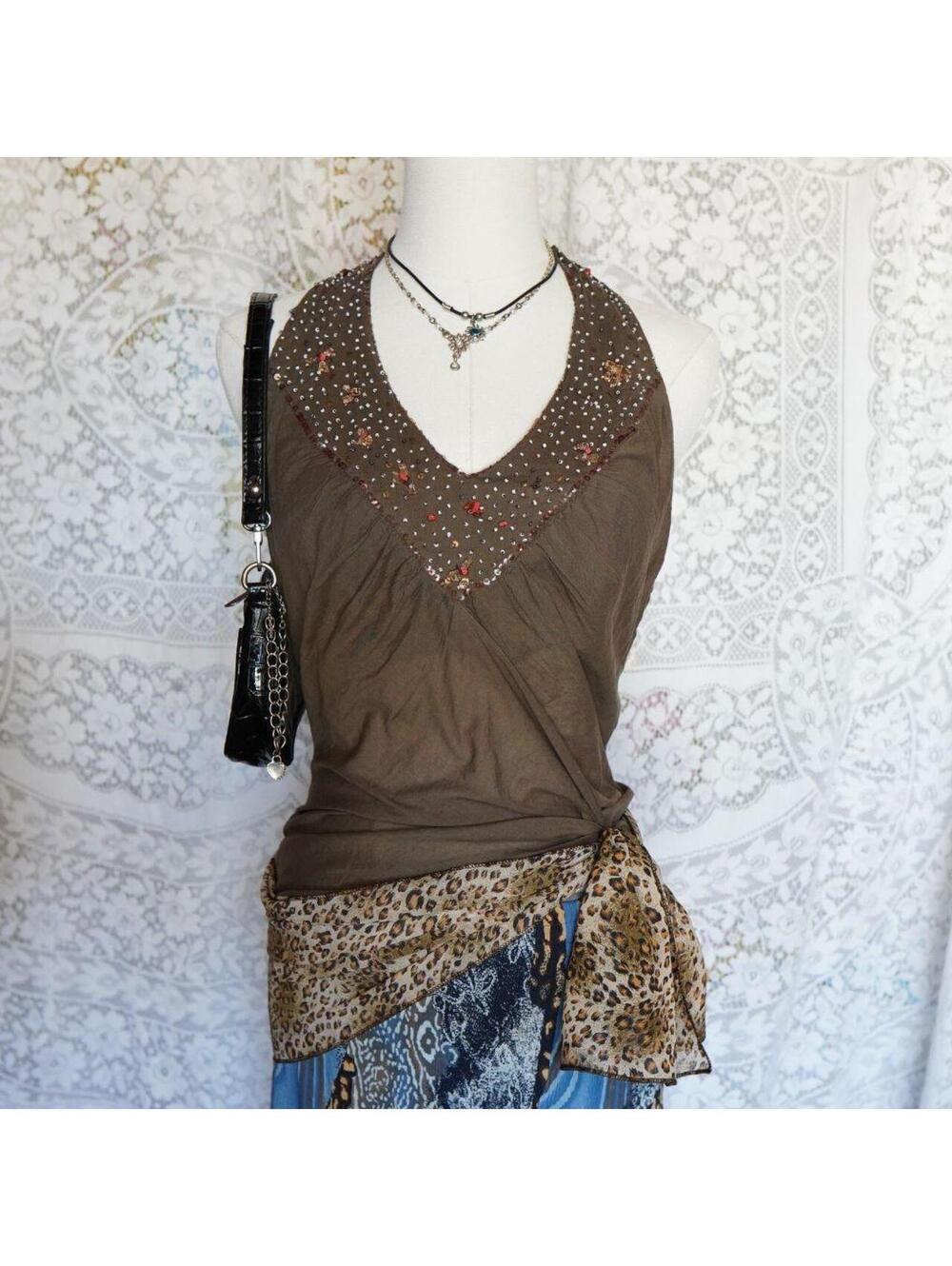 y2k charlotte russe beaded halter tank cotton brown boho